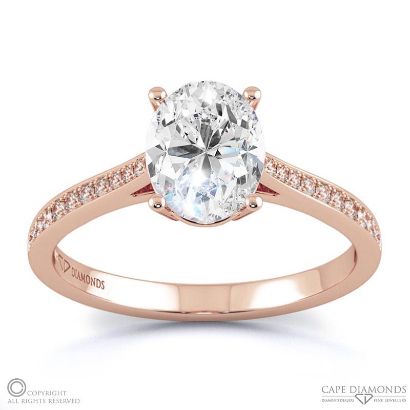 oval solitaire natural diamond pavé ring rose gold with 9k rose gold metal and oval shape diamond