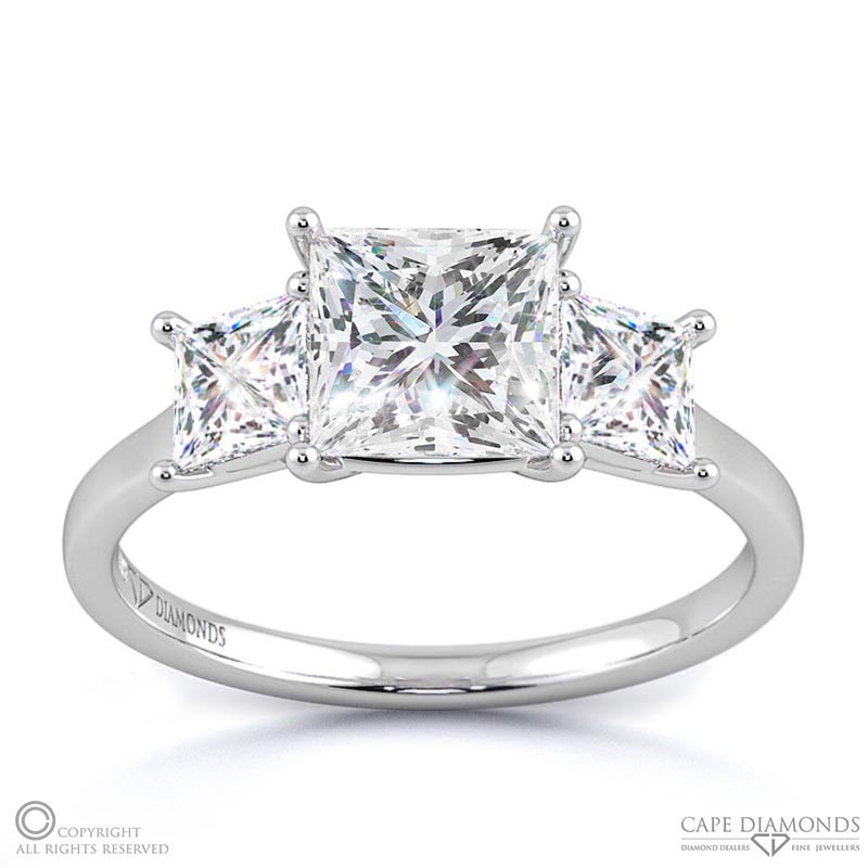 princess cut trilogy natural diamond engagement ring white gold with 9k white gold metal and princess shape diamond