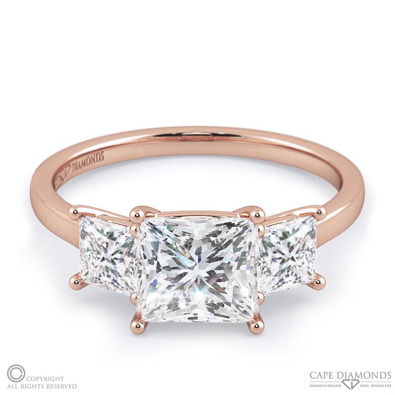 princess cut trilogy natural diamond engagement ring rose gold with 9k rose gold metal and princess shape diamond