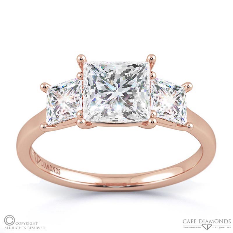 princess cut trilogy natural diamond engagement ring rose gold with 9k rose gold metal and princess shape diamond