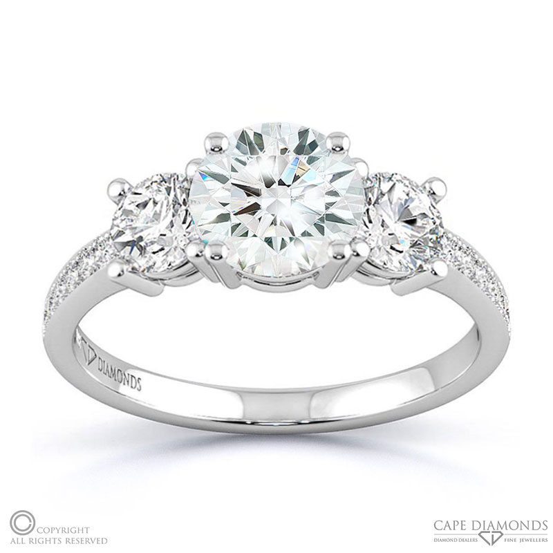 natural diamond pavé trilogy engagement ring white gold with 9k white gold metal and round shape diamond