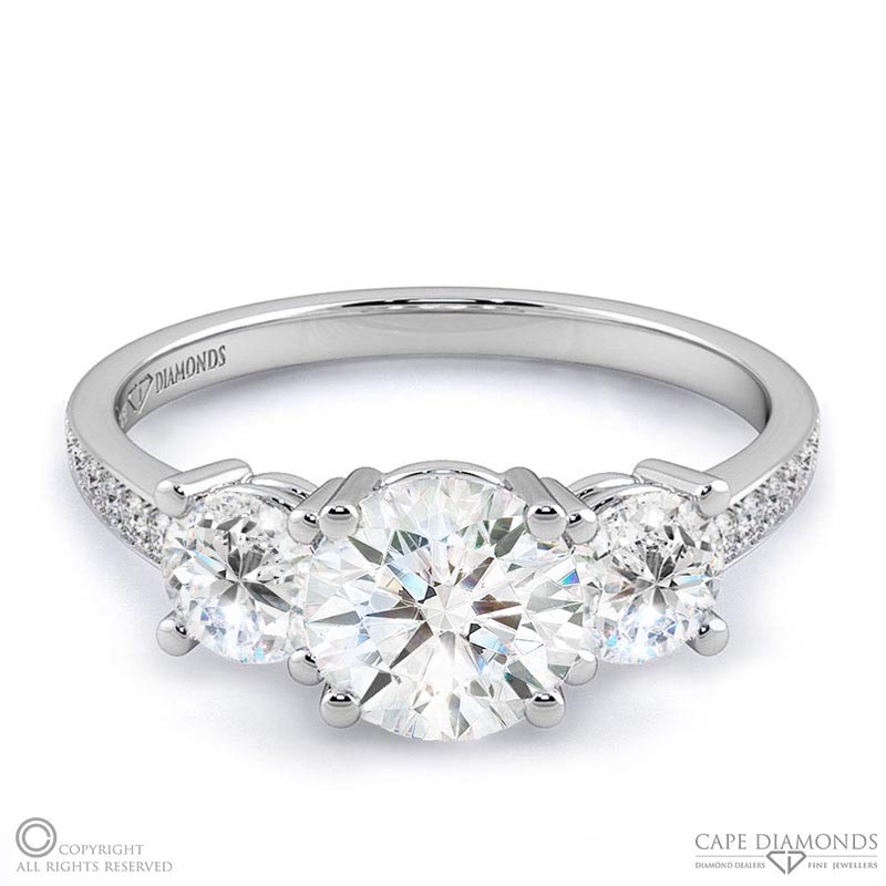 natural diamond pavé trilogy engagement ring white gold with 9k white gold metal and round shape diamond