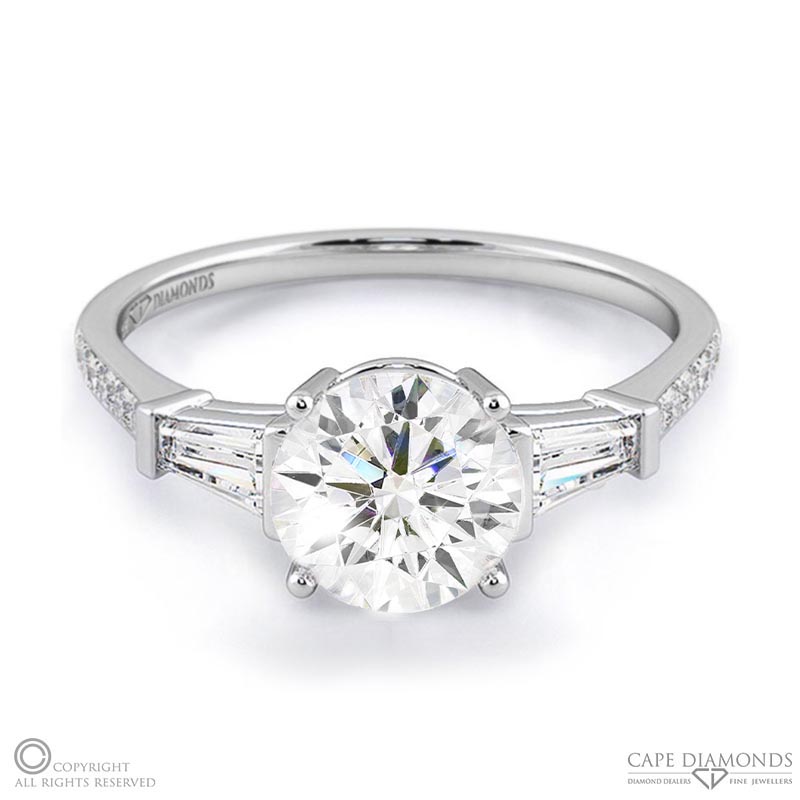 trilogy round natural diamond engagement ring white gold with baguette side natural diamonds with 9k white gold metal and round shape diamond