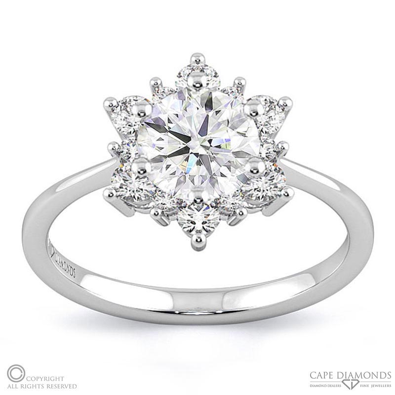 snowflake designed halo natural diamond engagement ring white gold with 9k white gold metal and round shape diamond