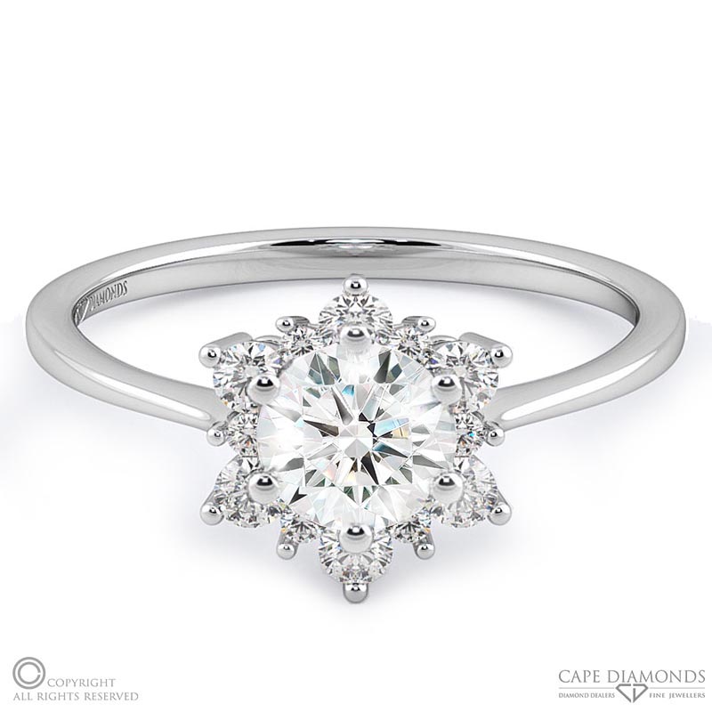 snowflake designed halo natural diamond engagement ring white gold with 9k white gold metal and round shape diamond