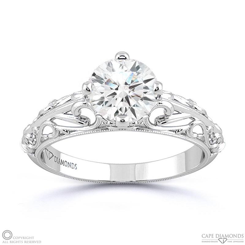 antique filigree solitaire natural diamond engagement ring white gold with 9k white gold metal and round shape diamond