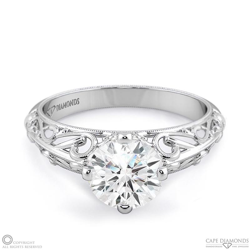 antique filigree solitaire natural diamond engagement ring white gold with 9k white gold metal and round shape diamond
