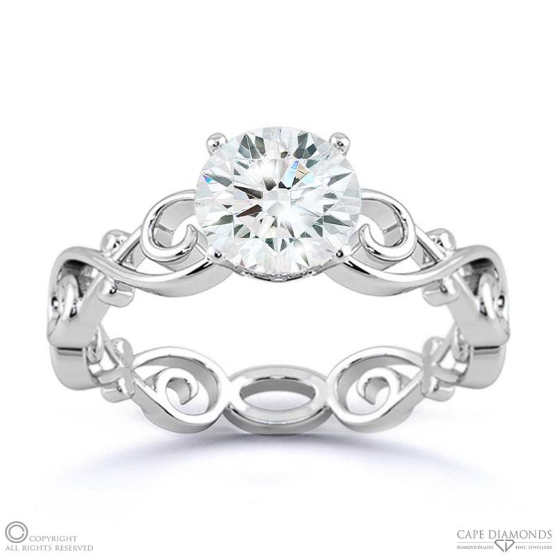 filigree solitaire organic design natural diamond engagement ring white gold with 9k white gold metal and round shape diamond