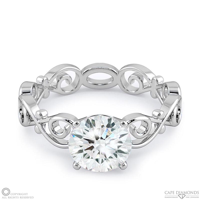 filigree solitaire organic design natural diamond engagement ring white gold with 9k white gold metal and round shape diamond