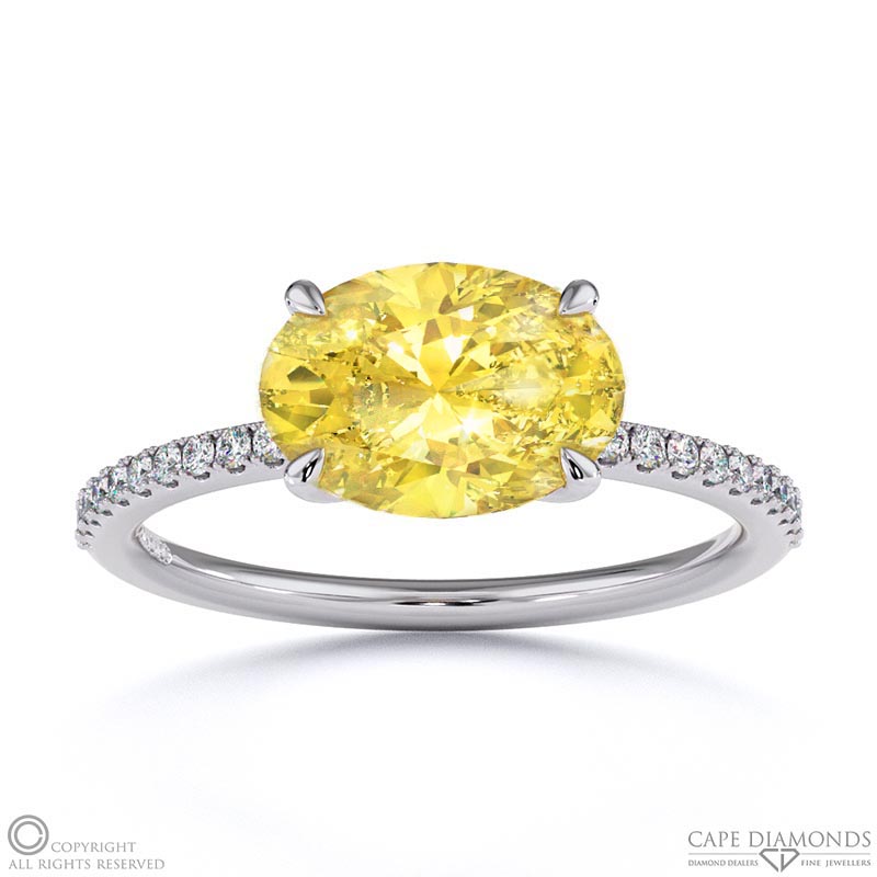 Yellow Lab Grown Diamond East West Oval Cut Sidestones Engagement Ring ...